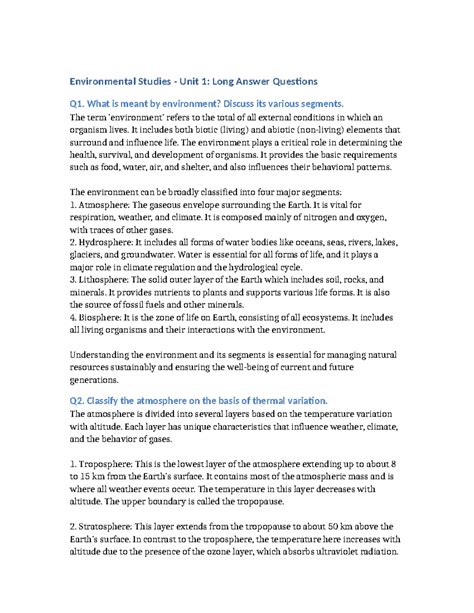 Regenerated Environmental Studies Unit 1 Long Answers - Environmental ...