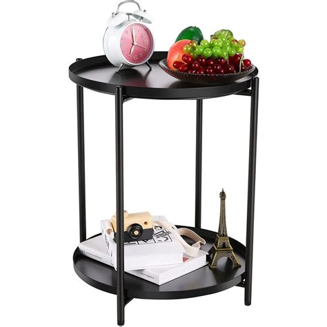 Buy Likein End Table, 2-Tier Metal Round Side Table with Removable Tray ...