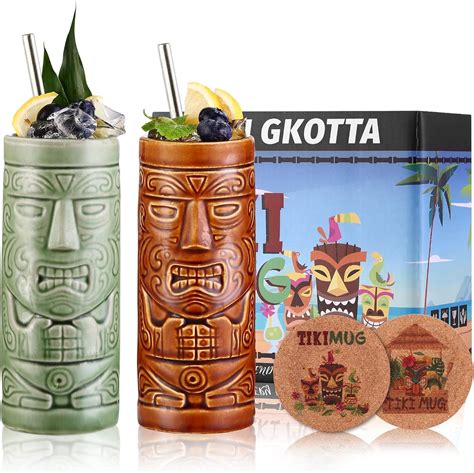 Amazon.com: Tiki Mugs Set of 4,Ceramic Tiki Hawaiian Party Mugs ...