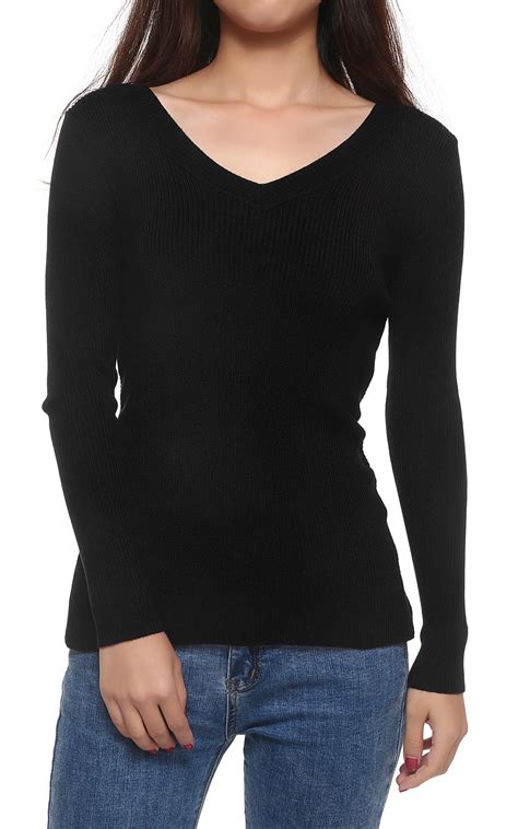 Fashion Black V Neck Sweater Women Asymmetric Long Sleeve Slim Sweater ...
