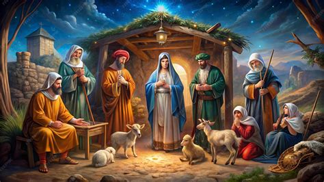 Christmas time nativity scene with mary joseph baby jesus shepherds and ...