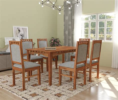 WOODSTAGE Solid Sheesham Wood 6 Seater Dining Table Set with 6 ...