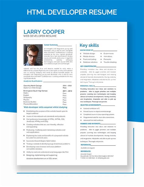 HTML5 Developer Resume 的图像结果