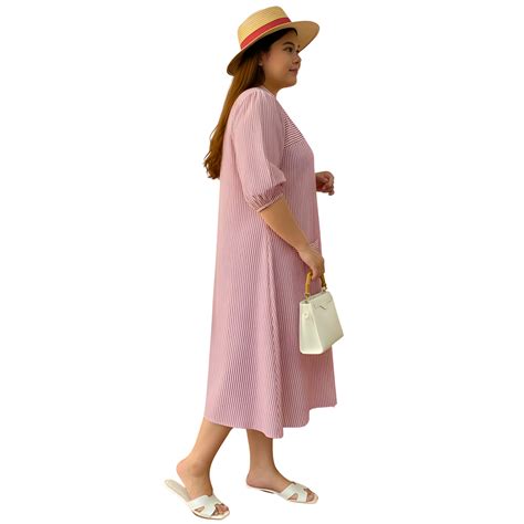 Pink Stripe Print Linen Midi Dress