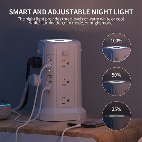 Buy Power Strip Surge Protector Tower with Night Light,10FT Extension ...