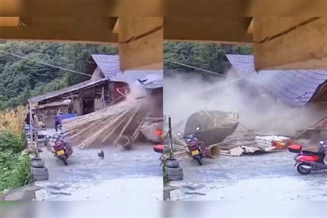 实拍：四川一地山上巨石崩裂 滚落数十米掀起一片烟雾后砸塌民房