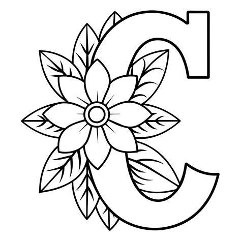 Alphabet C coloring page with the flower, C letter digital outline floral coloring page, ABC ...