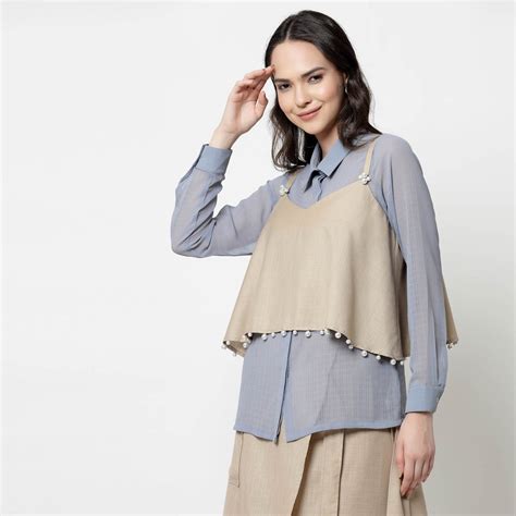 Blue Georgette Shirt with Pearl Embroidered Shrug for Women