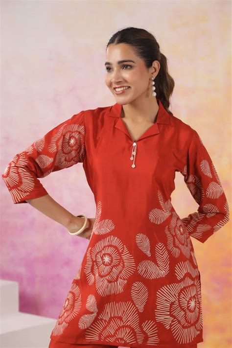 Artistic Floral Orange Printed Russian Silk Co-ord Set