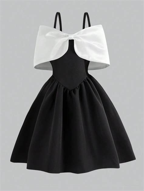 SHEIN Young Girl Contrast Color Bow Design Off Shoulder Fashionable ...