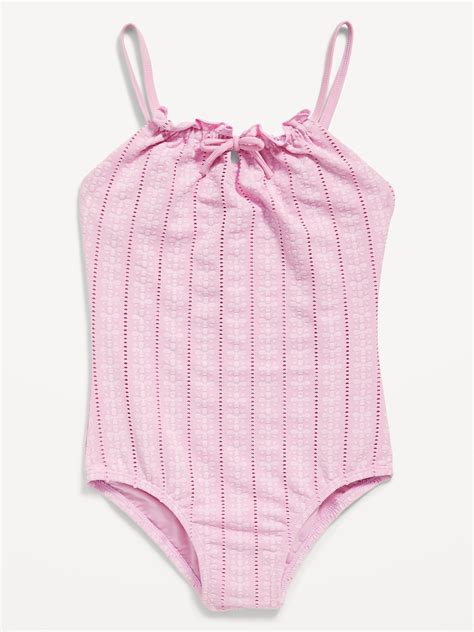 Old Navy - Textured-Eyelet Cinch-Tie One-Piece Swimsuit for Girls pink