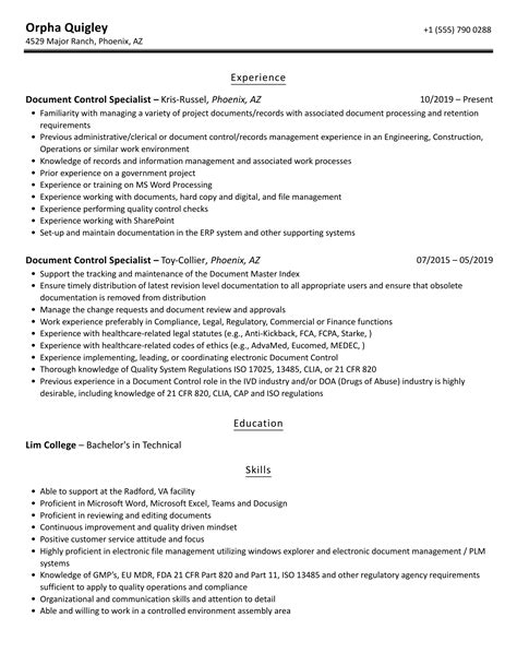 Document Control Specialist Resume Samples | Velvet Jobs