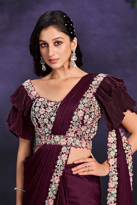 Wine Crepe Satin Silk Embroidered Ready to Wear Saree with Stitched Bl