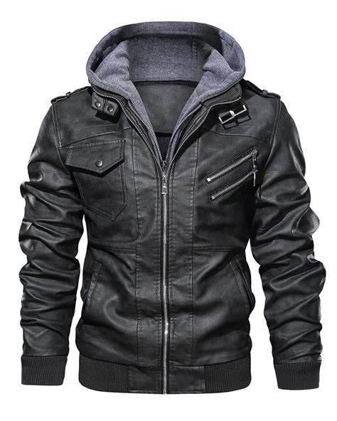 Hood Crew Men's Pu Faux Leather Jacket with Removable Hood Black M ...