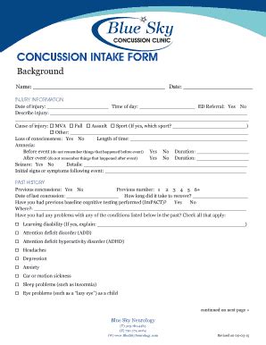 Concussion Intake Form - Blank Fillable Template | Fill Out, Print ...