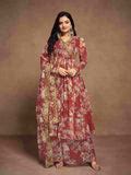 Maroon Chiffon Printed Zari Work Sequence Suit with Palazzo