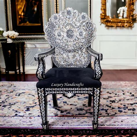 Handcarved MOP Inlay Ornate Flower Chair Black – Luxury Handicrafts