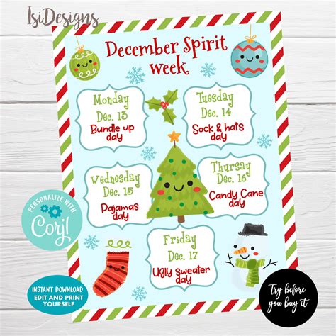Christmas Spirit Week Planner, Editable Week Schedule, Winter Event ...