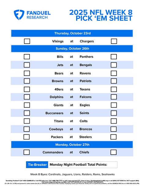 NFL Week 8 Pick 'Em Sheet: Free Printable Schedule and Betting Odds ...