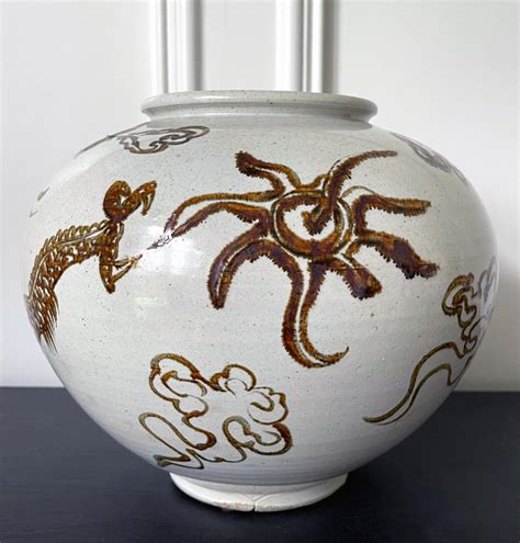 Korean Ceramic Moon Jar with Dragon Joseon Dynasty