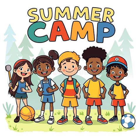 Summer Camp Vector Illustration with Kids and Sports Equipment Stock ...