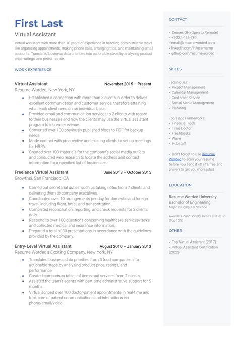 Image result for Virtual Assistant CV Template