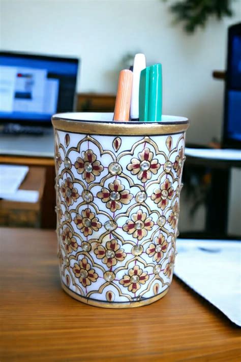 White Marble Flower Painted Pen Stand for Home and Office Use : Amazon ...