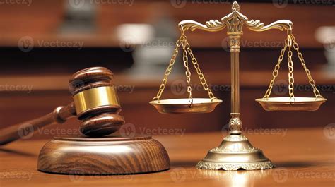 A gavel and scales of justice symbolizing law and fairness in a courtroom setting. 59164471 ...