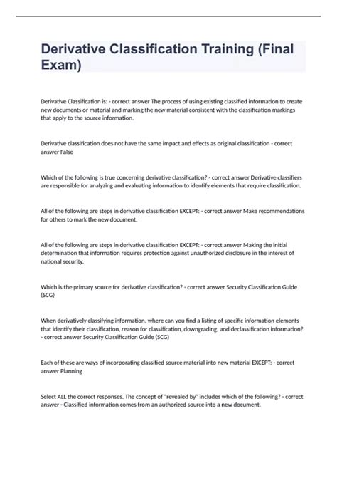 Derivative Classification Training (Final Exam) Questions with complete ...