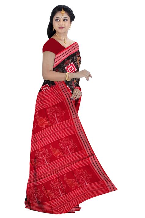 Black and Red color box and fish pattern sambalpuri cotton saree.