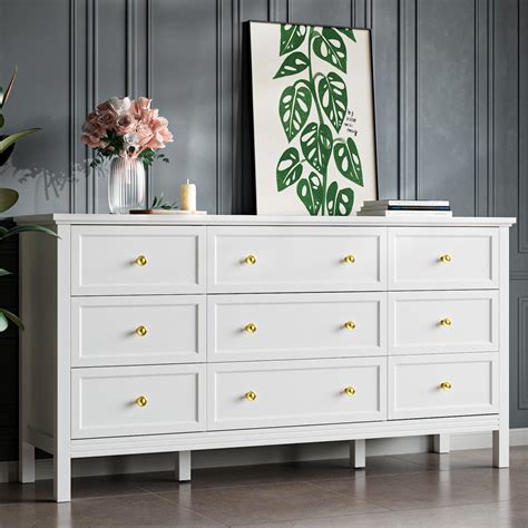 Winston Porter White 9 Drawer Dresser, Modern Dresser With Gold Handles ...