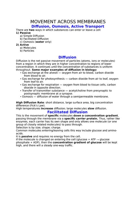 Movement Across Membranes - MOVEMENT ACROSS MEMBRANES Diffusion ...