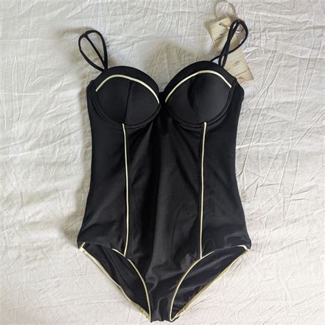 Rose Bule One Piece Corset Bathing Suit Black White Piping Women's L ...