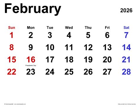February 2026 Calendar | Templates For PDF, Excel And Word