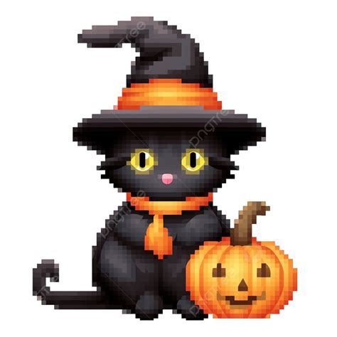 Halloween Pixel Black Cat Wearing Witch Hat With Pumpkin, 8bit, Cat Art ...