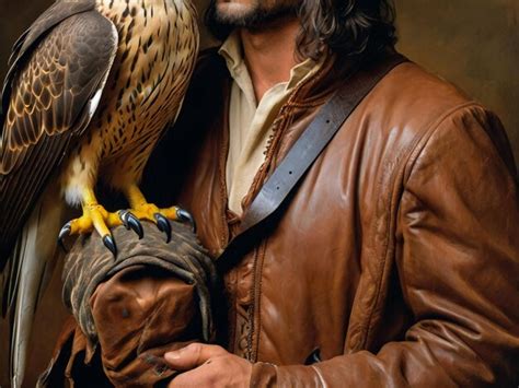 Man holding a falcon, in the centre of a group of people