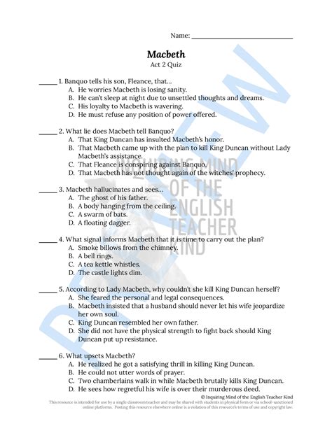 Macbeth Act 2 Quiz and Answer Key | Made By Teachers