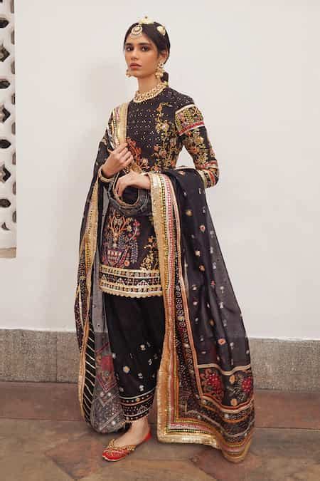 Buy Black Silk, Chanderi Embroidery, Sequins, Floral Vine Kurta Pajama ...