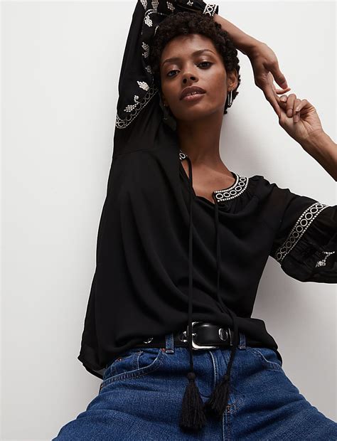 Buy Embroidered V-Neck Blouson Sleeve Blouse at Marks & Spencer