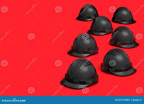 Set of Black Safety Helmets or Hard Caps Isolated on Red Background ...