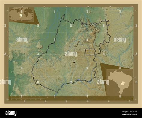 Goias, state of Brazil. Colored elevation map with lakes and rivers. Corner auxiliary location ...