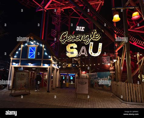 View of the entrance of roller coaster "Die Gesenkte Sau" in popular ...