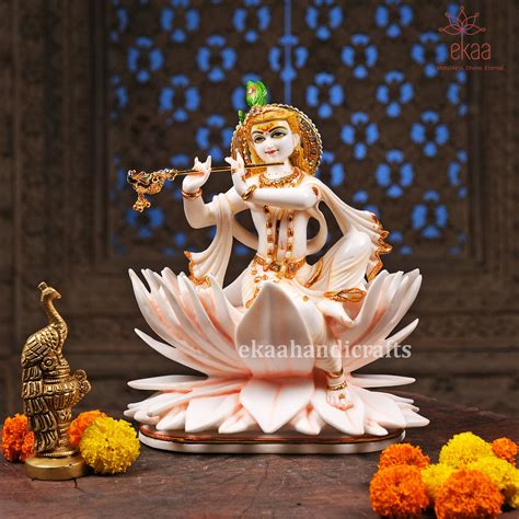 Lord Krishna Statue on Lotus In Culture Marble – Ekaa Handicrafts