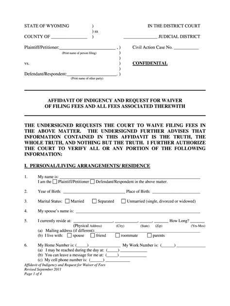 2011 Form WY Affidavit of Indigency and Request for Waiver of Filing ...