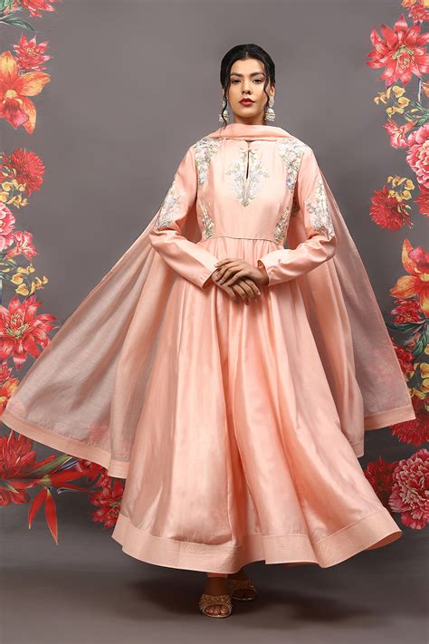 Rohit Bal Peach Cotton Blend Anarkali Kurta Suit Set