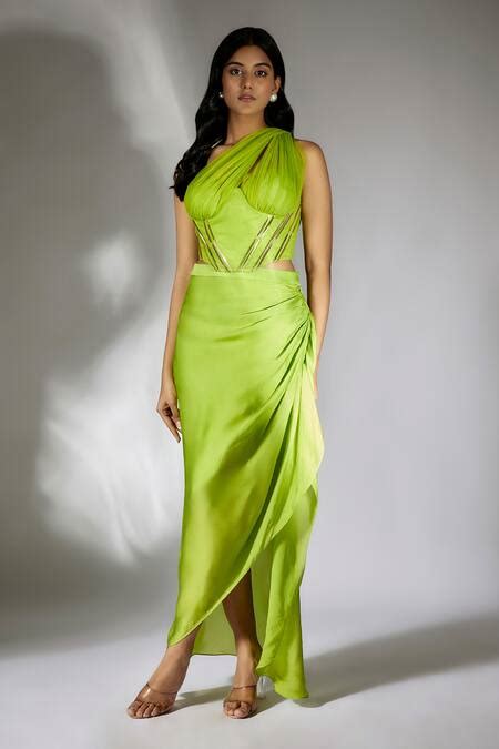 Buy Green Satin, Organza, Net Applique Ruched Embroidered Top And ...