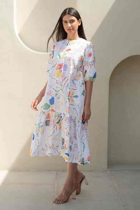 Buy Multi Color Cotton Round Neck Bloom Scribble Print Midi Dress For ...