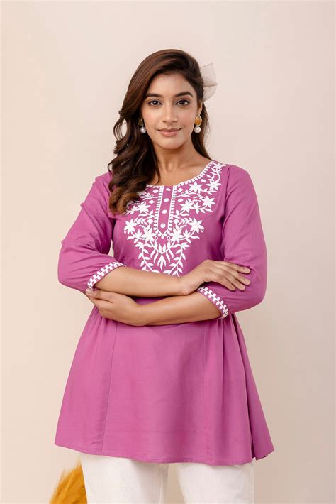 Lavender Rayon Hip Length Solid Round Neck Solid Embroidered Straight ...