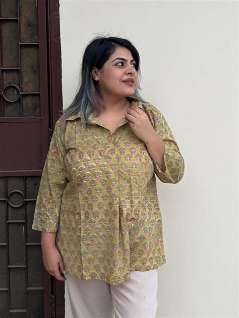 Green Pink Hand Block Printed A Line Relaxed Fit Collar Top – Kasaa Hues