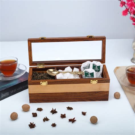 Sheesham Wood Tea Box with Glass Lid | 3 Compartment Tea Storage ...